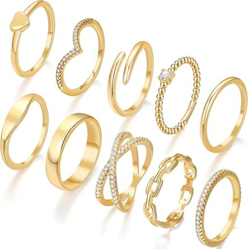 10 PCS Dainty 14K Gold Rings for Women, Open Twist Simulated Diamond Criss Cross Designs, Perfect for Stacking Layering on Thumb and Knuckle Engagement Rings in Sizes 6-10