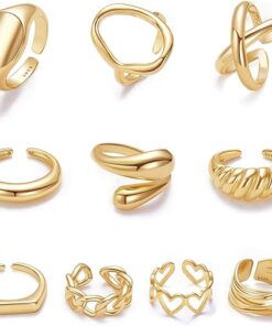 10PCS Gold Dome Chunky Rings for Women 18K Gold Plated Braided Twisted Round Signet Rings Adjustable Open Ring Band Statement Jewelry Size 7-9