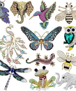 12 Pcs Women Brooches Bulk Set Rhinestone Crystal Vintage with Hummingbird Owl Elephant Peacock Bee Brooch Pin Animal Shape Butterfly Pins for Women Girls Christmas Gifts