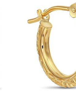 14k Gold Hand Engraved Diamond-cut Round Hoop Earrings, (0.5 inch Diameter)