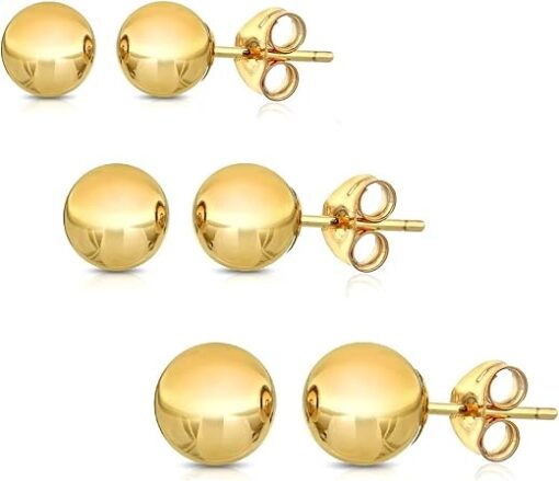 14K Solid Gold Ball Stud Earrings (3-Pair-Pack) 3MM 4MM and 5MM - Choose a Color