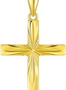 14K Solid Gold Cross Necklace for Women, Delicate Gold Italian Diamond-cut Cross Pendant Necklace Religious Jewelry for Girl, Wife, Mom, 16"-18"