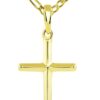 14K Solid Yellow Gold Traditional Simple Religious Cross Pendant with Figaro Chain Necklace