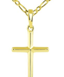 14K Solid Yellow Gold Traditional Simple Religious Cross Pendant with Figaro Chain Necklace