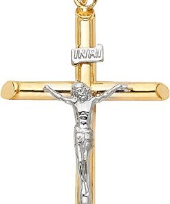 14k Two Tone Gold Religious Crucifix Cross Charm Pendant 43mm X 20mm