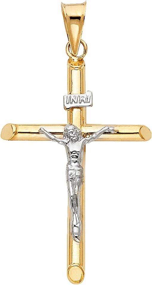 14k Two Tone Gold Religious Crucifix Cross Charm Pendant 43mm X 20mm