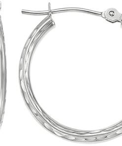 14k White Gold Hand Engraved Full Diamond-cut Round Hoop Earrings