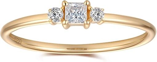 14K Yellow Gold Moissanite Engagement Ring for Women | Solid Gold Three-Stone Promise Ring | 0.2 Carat Moissanite Dainty Stacking Rings