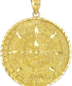 14K Yellow Gold Round Aztec Mayan Calendar Charm Pendant - Choice of Pendant Size