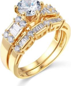 14k Yellow OR White Gold Solid Wedding Engagement Ring and Wedding Band 2 Piece Set