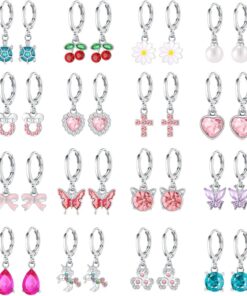 16 Pairs Hypoallergenic Silver Dangle Hoop Earrings for Girls Teens Kids Cute Girls Earrings Animal Small Hoop Earrings Set Pink Jewelry Gift