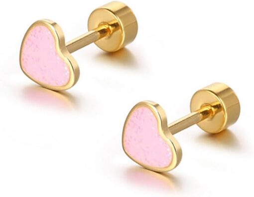 18g Titanium Heart Love Earrings for Women Girls 14k Gold Plated Stainless Steel Hypoallergenic Cute Tiny Sequins Stud Cartilage Tragus Screw Back Post Piercing Sensitive Ear