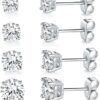 18K White Gold Plated 4 Pong Round Clear Cubic Zirconia Stud Earring Pack of 6 Pairs (6 Pairs)