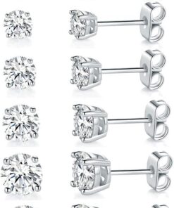 18K White Gold Plated 4 Pong Round Clear Cubic Zirconia Stud Earring Pack of 6 Pairs (6 Pairs)