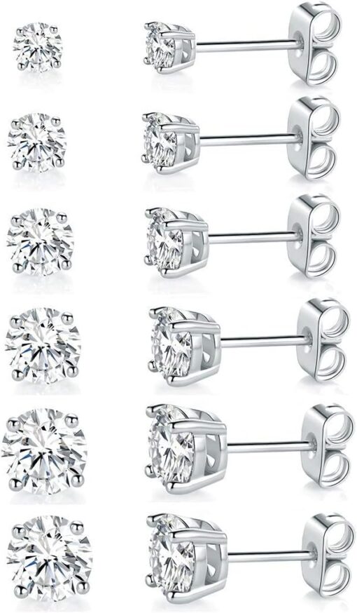 18K White Gold Plated 4 Pong Round Clear Cubic Zirconia Stud Earring Pack of 6 Pairs (6 Pairs)