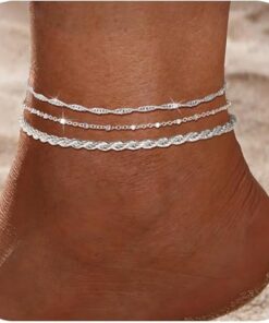 2/3Pcs Ankle Bracelets for Women - Silver Anklet Set - Dainty Layered Herringbone, Rope, and Figaro Paperclip Chain Anklets for Women - Sea Beach Foot Anklets Jewelry Gift...