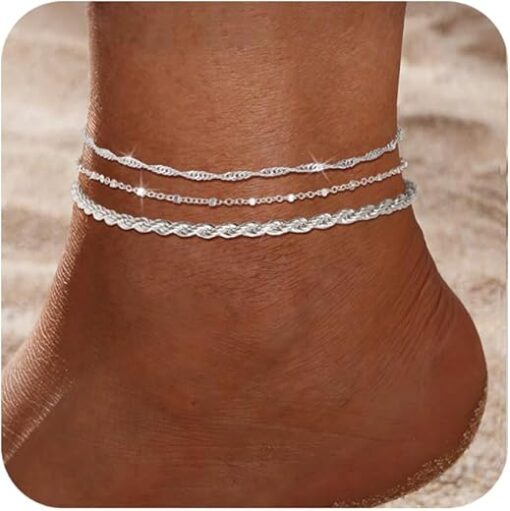 2/3Pcs Ankle Bracelets for Women - Silver Anklet Set - Dainty Layered Herringbone, Rope, and Figaro Paperclip Chain Anklets for Women - Sea Beach Foot Anklets Jewelry Gift...