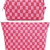 2 Pieces Makeup Bag Large Checkered Cosmetic Bag Capacity Canvas Mix Travel Toiletry Bag Organizer Cute Makeup Brushes Aesthetic Accessories Storage Bag for Women, Checkered Mix...