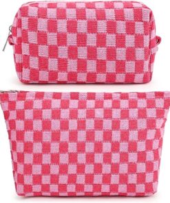 2 Pieces Makeup Bag Large Checkered Cosmetic Bag Capacity Canvas Mix Travel Toiletry Bag Organizer Cute Makeup Brushes Aesthetic Accessories Storage Bag for Women, Checkered Mix...