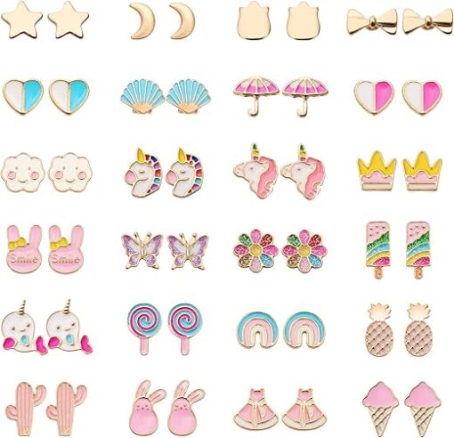 24 Pairs Hypoallergenic Stud Earrings Set for Girls Sensitive Ears With Stainless Steel Post Colorful Cute Earrings for Girls Women