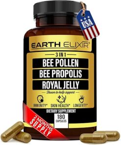 3-in-1 Bee Pollen Organic 840mg (180 Caps) W/ 840mg Bee Propolis Capsule & 840mg Royal Jelly Capsule - 3rd Party Tested - Bee Pollen Supplement - Organic Bee Pollen Capsule -No...