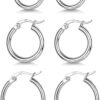 3 Pairs 925 Sterling Silver Hoop Earrings | Small White Gold Plated Hoop Earrings for Women (13mm,15mm,20mm，25mm,30mm,40mm,50mm,60mm)