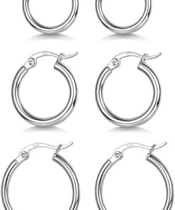 3 Pairs 925 Sterling Silver Hoop Earrings | Small White Gold Plated Hoop Earrings for Women (13mm,15mm,20mm，25mm,30mm,40mm,50mm,60mm)