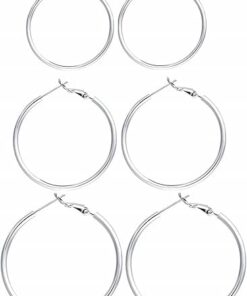 3 Pairs Sterling Silver Hoop Earrings - 14k White Gold Plated Hoop Earrings Big Hoop Earrings Set Silver Hoop Earrings for Women Valentine's Day Gift Jewelry (40MM 50MM 60MM)