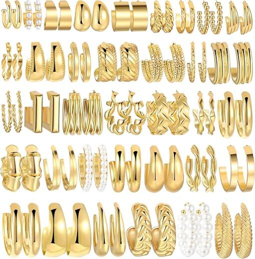 36 Pairs Gold Hoop Earrings Set for Women, Fashion Chunky Gold Hoop Earrings Multipack, Hypoallergenic Pearl Chain Twisted Statement Earring Pack for Birthday Party Jewelry