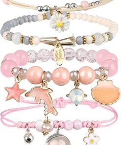 4 Pcs Beaded Cute Bracelets for Teen Girls Women, Dainty Cute Cartoon Crystal Beads Pearl Stretch Charm Handmade Adjustable Anklets Bracelet Set Birthday Gift for Friends