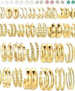 46 Pairs Gold Hoop Earrings Set for Women, Fashion Hypoallergenic Chunky Twisted Pearl Stud Earrings Multipack, Small Big Hoops Earring Packs Trendy for Christmas Birthday Party...