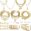 46 Pcs Gold Jewelry Set with 11Pcs Necklace, 11 Pcs anklet and 18 Pcs Earring Ear Cuff,6Hoop Earrings for Women Fashion Indie Costume Jewerly Pack for Friendship Party Gift