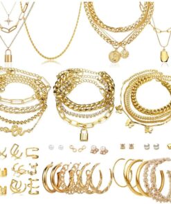 46 Pcs Gold Jewelry Set with 11Pcs Necklace, 11 Pcs anklet and 18 Pcs Earring Ear Cuff,6Hoop Earrings for Women Fashion Indie Costume Jewerly Pack for Friendship Party Gift