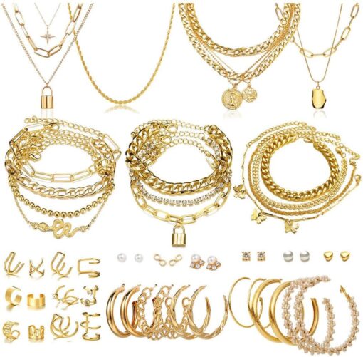 46 Pcs Gold Jewelry Set with 11Pcs Necklace, 11 Pcs anklet and 18 Pcs Earring Ear Cuff,6Hoop Earrings for Women Fashion Indie Costume Jewerly Pack for Friendship Party Gift