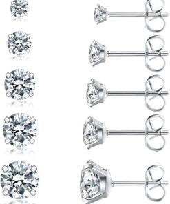 5 Pairs Stud Earrings Set, Hypoallergenic Cubic Zirconia 316L Earrings Stainless Steel CZ Earrings 3-8mm (Steel color)