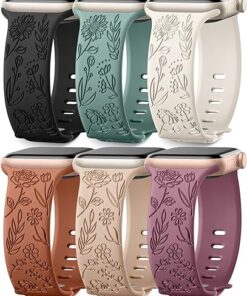 6 Pack Floral Engraved Bands Compatible with Apple Watch Band 44mm 40mm 38mm 41mm 45mm 49mm 42mm Women, Soft Silicone Cute Flower Pattern Sport Strap for iWatch Bands Series...