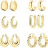 6 Pairs 14K Gold Hoop Earrings for Women Lightweight Chunky Hoop Earrings Multipack Hypoallergenic, Thick Open Twisted Huggie Hoops Earring Set Jewelry for Gifts.