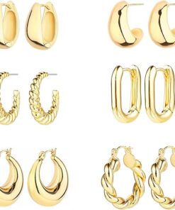 6 Pairs 14K Gold Hoop Earrings for Women Lightweight Chunky Hoop Earrings Multipack Hypoallergenic, Thick Open Twisted Huggie Hoops Earring Set Jewelry for Gifts.