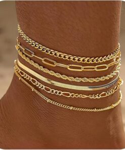 6 PCS Gold Ankle Bracelets for Women, 14k Plated Gold Layered Anklet Set Waterproof Herringbone Paperclip Beaded Figaro Cuban Link Chain Beach Stackable Anklet Bracelet Jewelry...