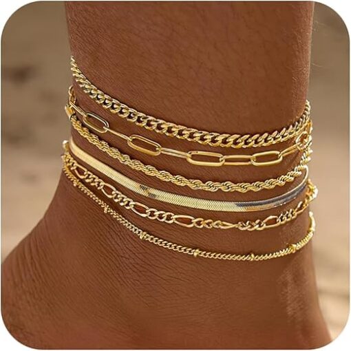 6 PCS Gold Ankle Bracelets for Women, 14k Plated Gold Layered Anklet Set Waterproof Herringbone Paperclip Beaded Figaro Cuban Link Chain Beach Stackable Anklet Bracelet Jewelry...