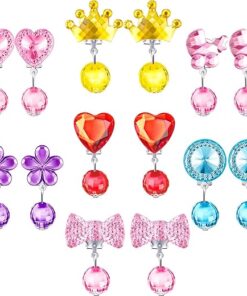 7 Pairs Girls Clip on Earrings Pretend Princess Jewelry Earring Play Earrings and 7 Pairs Earrings Pads in Pink Box