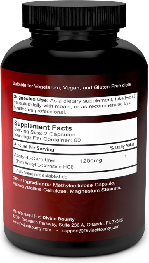 71AP47VB7VL. AC SL1500 Divine Bounty Acetyl L-Carnitine Capsules 1200mg Per Serving - L Carnitine Supplement 120 Vegetarian Capsules