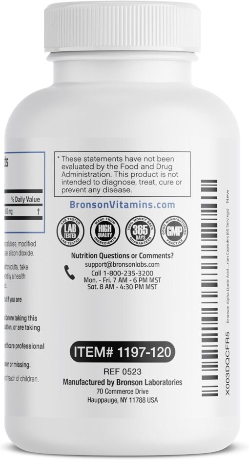 71K36eTLUFL. AC SL1500 Bronson Alpha Lipoic Acid 600 MG Free Radical Scavenger Supports Antioxidant Health - Non-GMO, 120 Vegetarian Capsules (60 Servings)