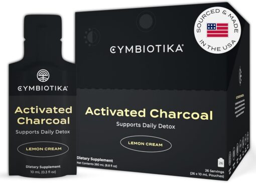 71sijp8GmKL. AC SL1500 CYMBIOTIKA Activated Charcoal Liquid Supplement with Vitamin E, Gut Health & Digestive Support for Adults, Helps Cleanse, Detox, Support Gas, Bloating, Lemon Cream Flavor, Vegan, 10ml Pouches, 26 Pack