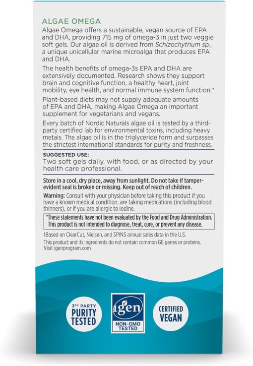 71u9ZnhN7DL. AC SL1500 Nordic Naturals Algae Omega - 120 Soft Gels - 715 mg Omega-3 - Certified Vegan Algae Oil - Plant-Based EPA & DHA - Heart, Eye, Immune & Brain Health - Non-GMO - 60 Servings