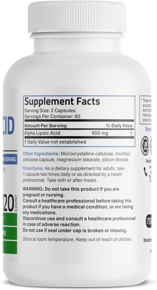 71v8M5moOtL. AC SL1500 Bronson Alpha Lipoic Acid 600 MG Free Radical Scavenger Supports Antioxidant Health - Non-GMO, 120 Vegetarian Capsules (60 Servings)