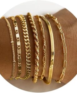 7pc Gold Bracelets for Women, 14K Real Gold Dainty Layered Cuban Link Paperclip Chain Herribone Bracelets Cute Stackable Gold Chain Bracelet Set for Women Trendy Jewelry Gifts