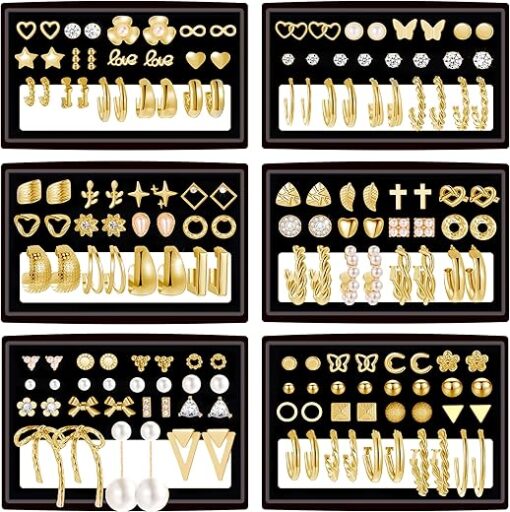 82 Pairs Gold Earrings for Women Trendy, Pearl Bow Small Hoop Stud Earrings Pack, Earring Set Multiple Piercing for Birthday Party Gift