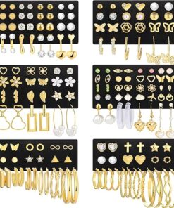 84 Pairs Gold Stud Earrings Set for Women Multipack, Fashion Pearl Cubic Zirconia Butterfly Earrings Packs Piercings, Hypoallergenic Stud Hoops Earrings for Gift