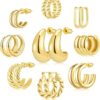 9 Pairs Gold/Sterling Silver/Rose Gold Plated Hoop Earrings Set for Women Trendy Chunky Gold Hoops 14K Real Gold Plated Small Huggie Clip-ons Earrings for Sensitive Ears Non...